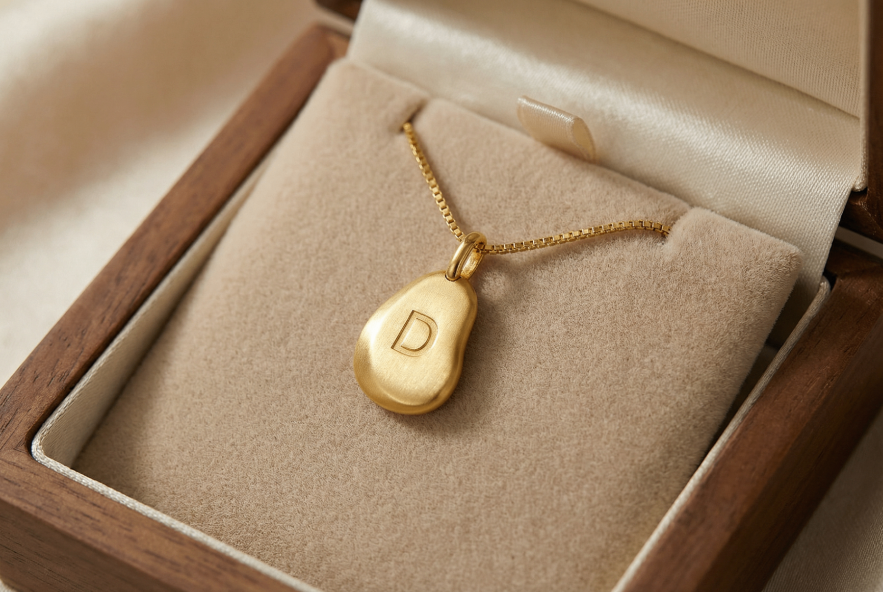 Gold engraved pendant in jewelry box