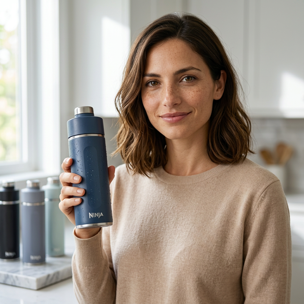Sarah modeling a premium water bottle