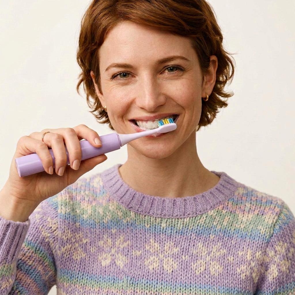 Daria modeling an electric toothbrush